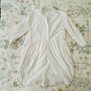 Chloe White Cotton Poplin Side Button Tunic Mini Dress Mandarin Collar xs